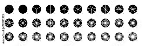 Circle pie chart infographics. Pizza part slice graph vector diagram. Round wheel divide into equal segments. Graphic icon for fraction and division.