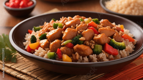 Focus on the healthy aspect by highlighting the nutritious elements of sweet and sour chicken paired with brown rice. 