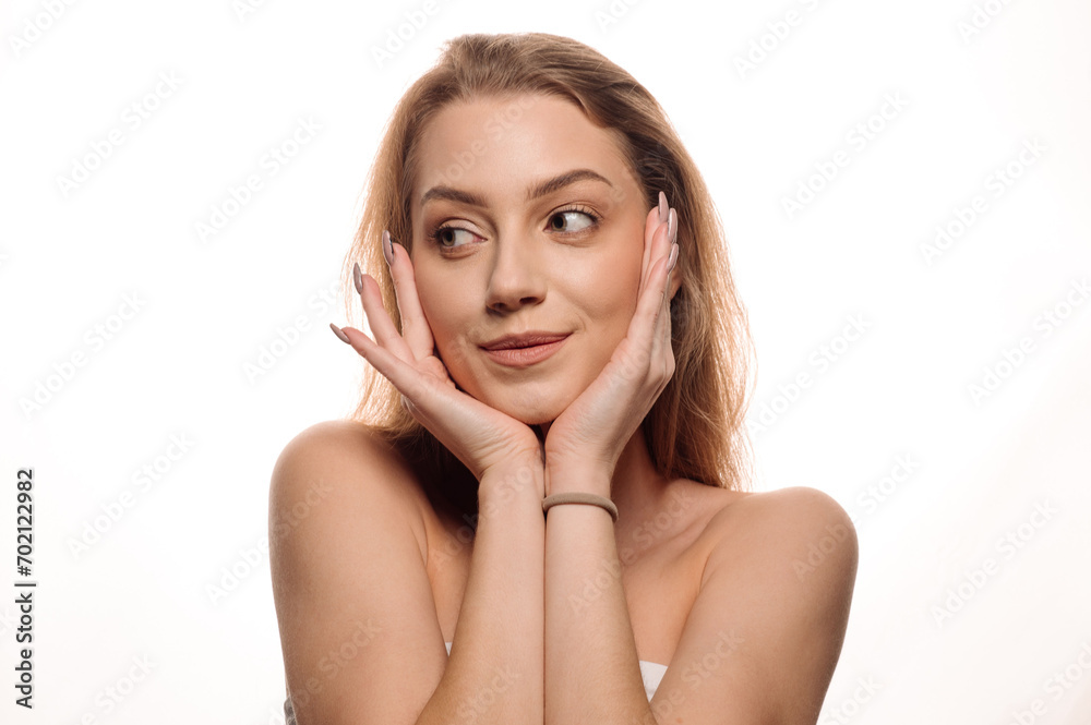 Beauty portrait of pretty blonde girl on white isolated background. Skin care concept Beauty portrait of pretty blonde girl on white isolated background. Skin care concept