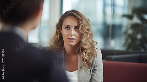 Free Download Young female speaking with a client in the office , Young female, speaking with client, office - GFXLoad