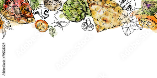 Hand drawn watercolor ink illustration. Pizza slices and toppings ingredients, Italian cuisine. Seamless border isolated on white. Design for restaurant, menu, cafe, food shop or package, flyer print. photo