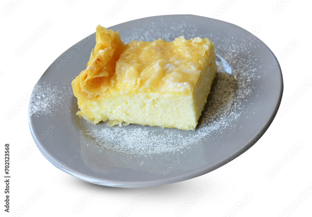 Greek Milk Cake with semolina custard on White Isolated Background Greek Milk Cake with semolina custard on White Isolated Background