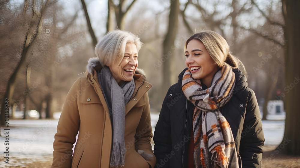 Fototapeta premium Young woman in a park wearing winter clothing , Young woman, park, winter clothing