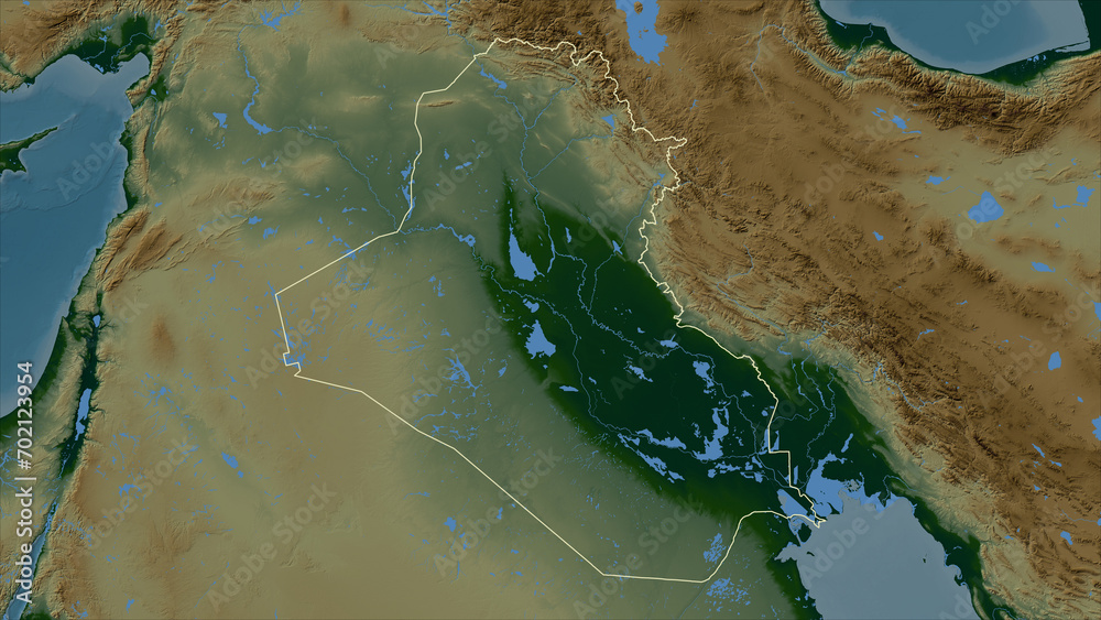 Iraq outlined. Physical elevation map