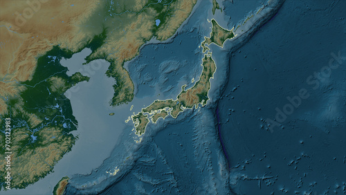 Japan outlined. Physical elevation map