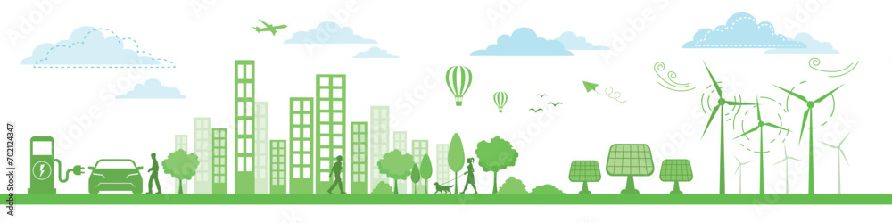 Renewable and Eco Friendly Energy Concept Vector Banner. Vector Flat design elements for Clean Environment, Technological sustainable energy and Alternative Energy concept, Vector Design illustration.