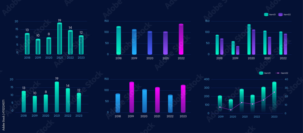 Colorful dark bar chart Neon Color, 3d Cylinder