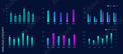 Colorful dark bar chart Neon Color, 3d Cylinder