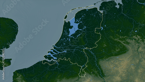 Netherlands outlined. Physical elevation map