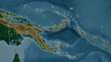 Papua New Guinea outlined. Physical elevation map