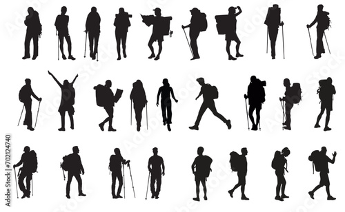 Silhouette of hiker. Collection of male and female hiker. mountaineer climber hiker people, vector silhouette collection photo