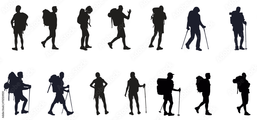 Silhouette of hiker. Collection of male and female hiker. mountaineer climber hiker people, vector silhouette collection