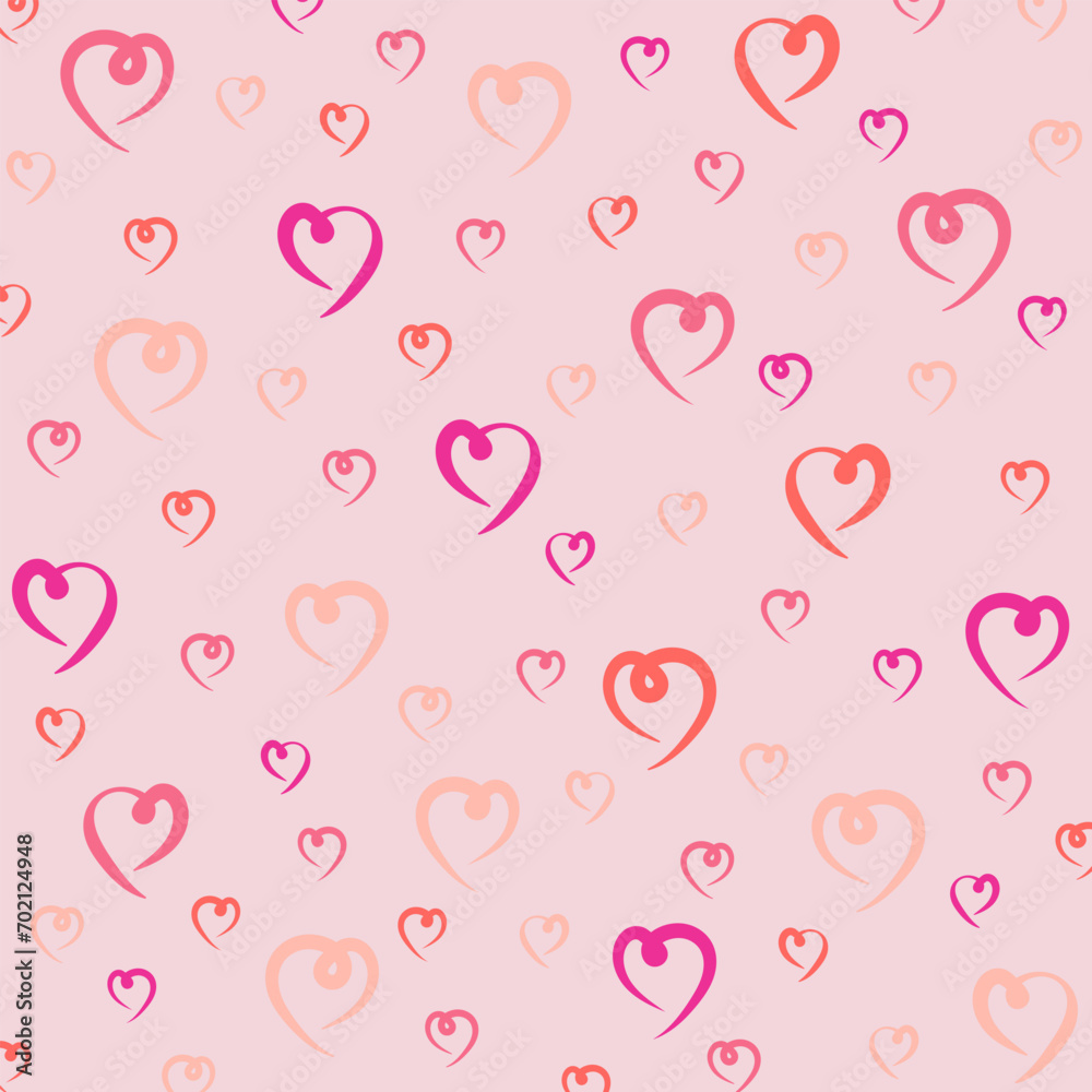 heart and doodle seamless pattern illustration. Romantic pink and red hearts background print. Valentine's day 