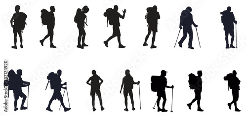 Silhouette of hiker. Collection of male and female hiker. mountaineer climber hiker people, vector silhouette collection photo