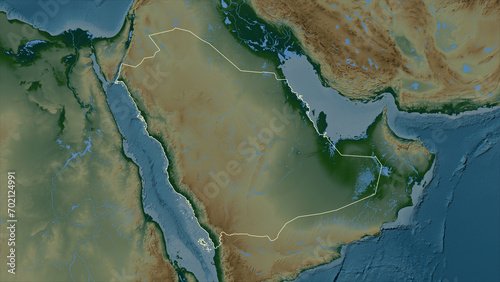 Saudi Arabia outlined. Physical elevation map
