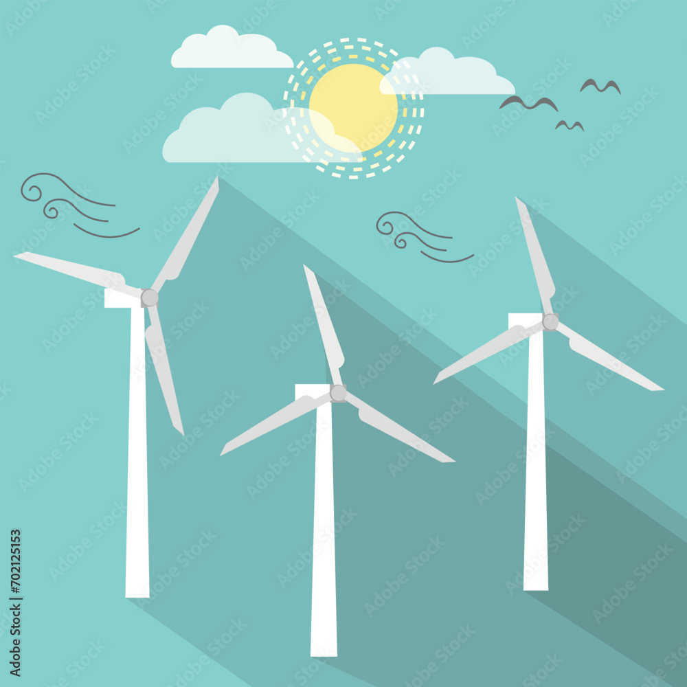 Vector Flat Design Banner of renewable energy concept. Wind Turbines ...