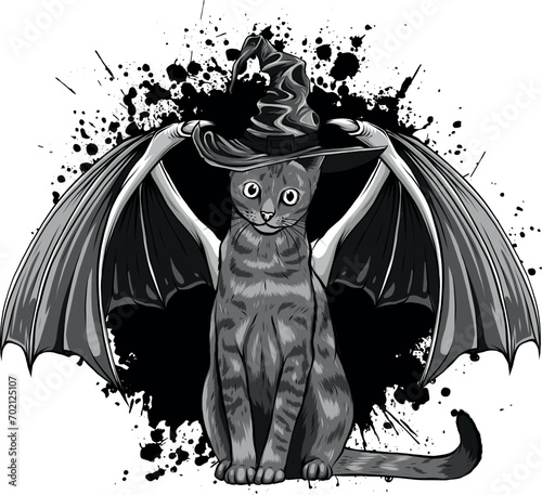 monochromatic halloween cat with bat wing white background