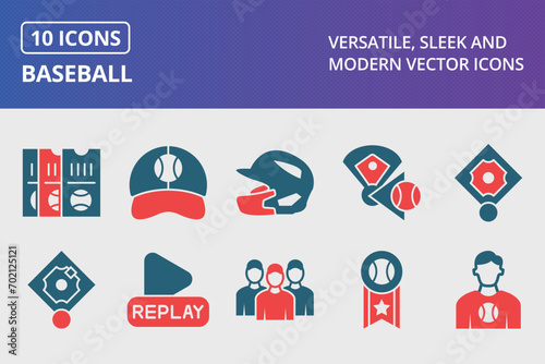 Baseball Glyph Two Color Icons Set