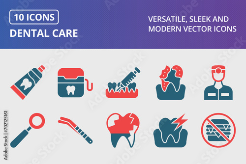 Dental Care Glyph Two Color Icons Set