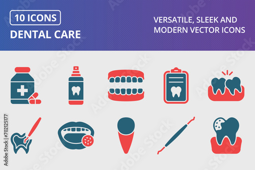 Dental Care Glyph Two Color Icons Set