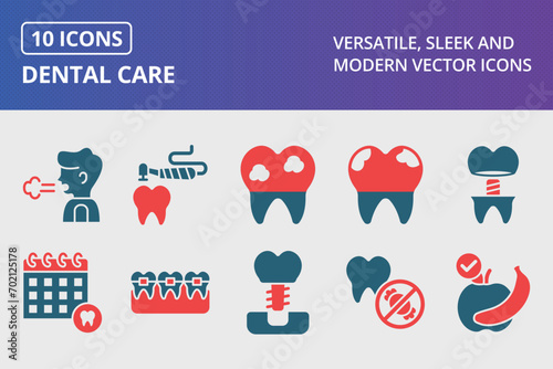 Dental Care Glyph Two Color Icons Set
