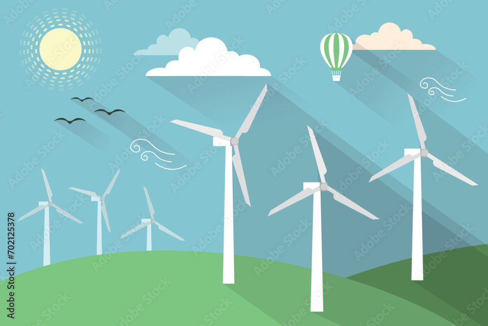 Vector Flat Design Banner of renewable energy concept. Wind Turbines ...