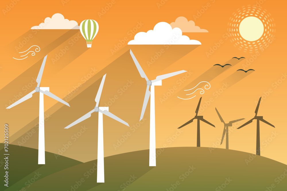 Vector Flat Design Banner of renewable energy concept. Wind Turbines ...