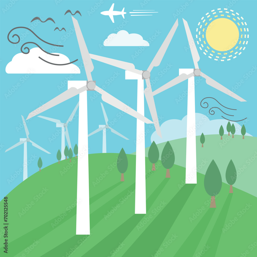 Vector Flat Design Banner of renewable energy concept. Wind Turbines energy generators. Green Energy and Renewable Energy Concept Vector Illustration. Eco Friendly and Recycling Isolated Vector Icons. Vector Flat Design Banner of renewable energy concept. Wind Turbines energy generators. Green Energy and Renewable Energy Concept Vector Illustration. Eco Friendly and Recycling Isolated Vector Icons.