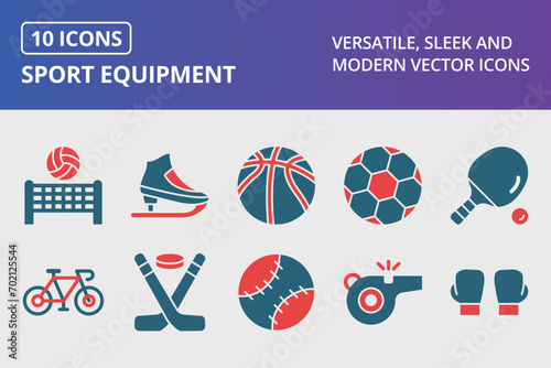 Sport Equipment Glyph Two Color Icons Set