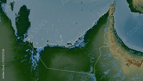 United Arab Emirates outlined. Physical elevation map