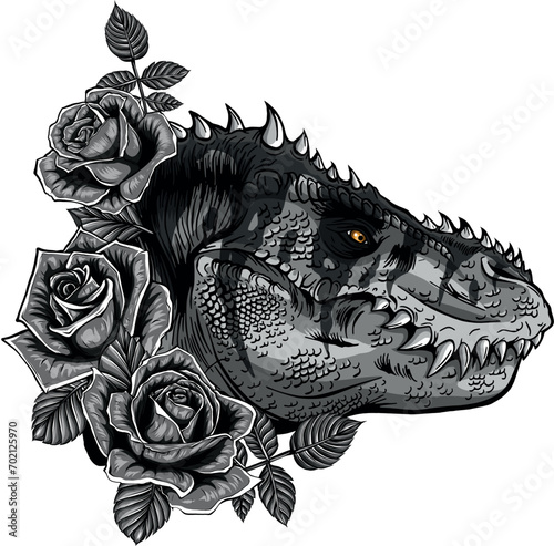 monochromatic Dinosaurus tyrannosaurus rex head. Dinosaur and roses frame.