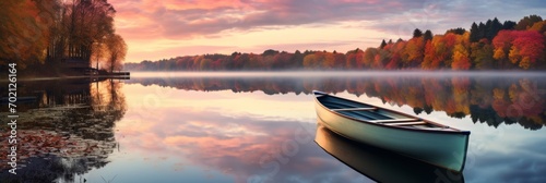 A peaceful sunset scene on a calm lake with reflections and a rowing boat