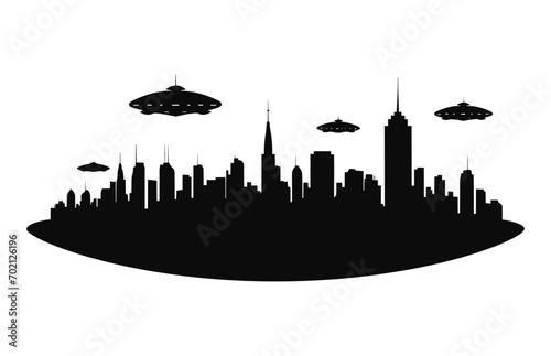 Fototapeta Naklejka Na Ścianę i Meble -  UFO in City Silhouette vector isolated on a white background, Flying saucer City abduction Silhouette black Clipart