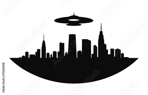 A UFO in City black Silhouette vector, Flying saucer City abduction Silhouette photo