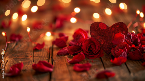 In a warm, ambient glow, red roses and petals scatter across rustic wood, nestled among twinkling lights. A glittering heart stands central, embodying a moment of romance
