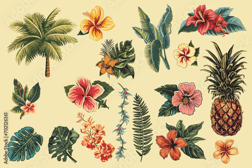 Set of tropical flowers and leaves