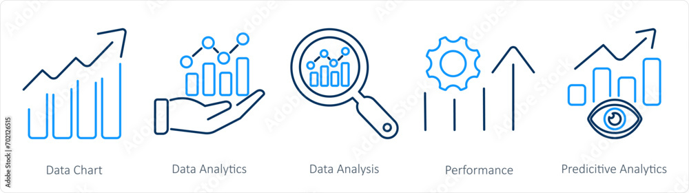 A set of 5 data analytics icons as data chart, data analytics, data analysis A set of 5 data analytics icons as data chart, data analytics, data analysis