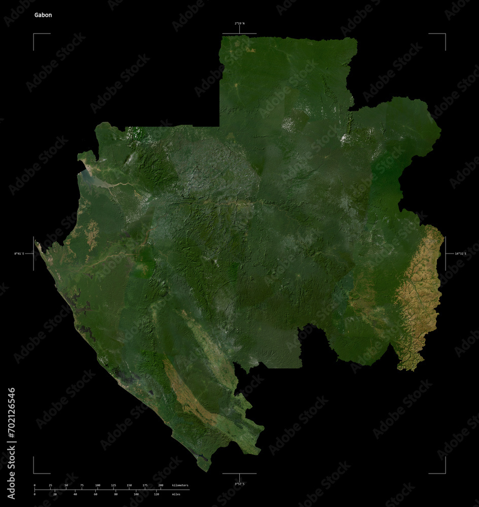Gabon shape isolated on black. Low-res satellite map