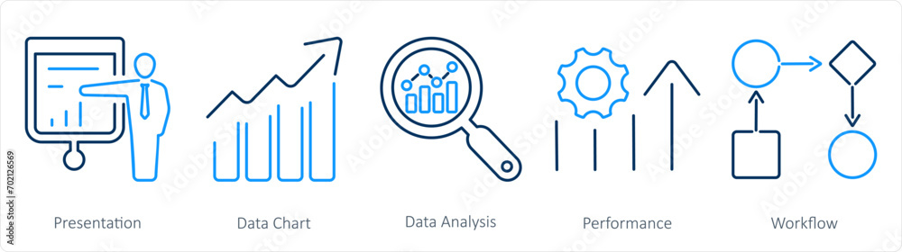 A set of 5 data analytics icons as presentation, data chart, data analysis A set of 5 data analytics icons as presentation, data chart, data analysis