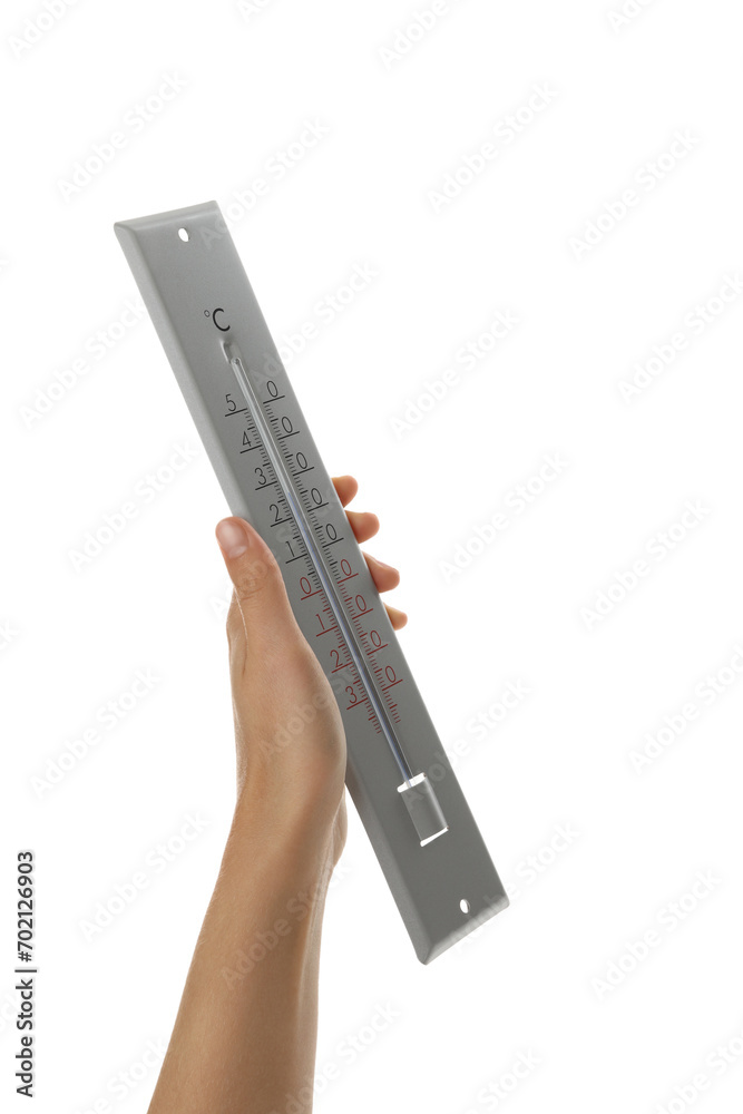 Woman holding weather thermometer on white background, closeup Woman holding weather thermometer on white background, closeup