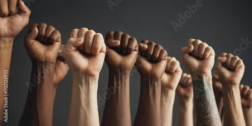 Multi ethnic people raised their fists in the air. A sign of unity, human rights and equality. #702126935