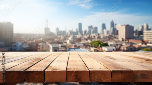 Rustic Wooden Planks with Blurred Urban Background