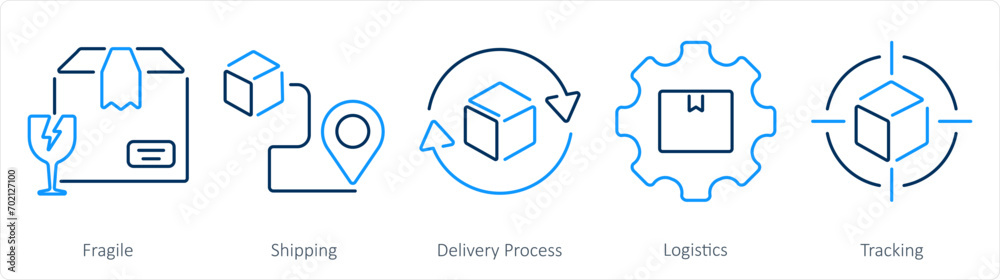 A set of 5 delivery icons as fragile, shipping, delivery process - obrazy, fototapety, plakaty 