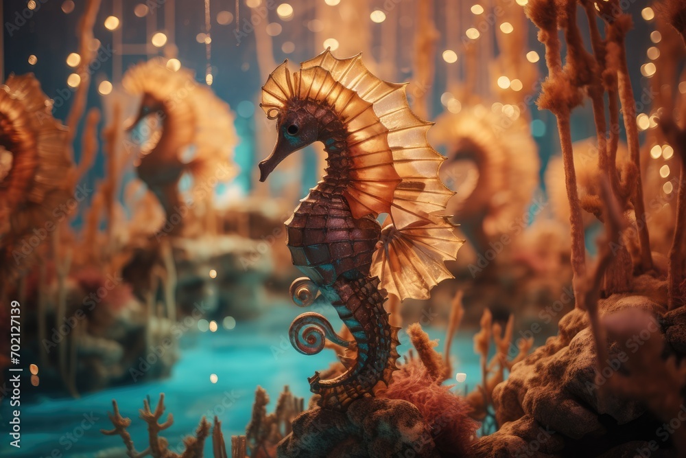 Obraz premium Surreal Seahorse Palace: Macro shot of seahorses in a setting that resembles a magical palace.