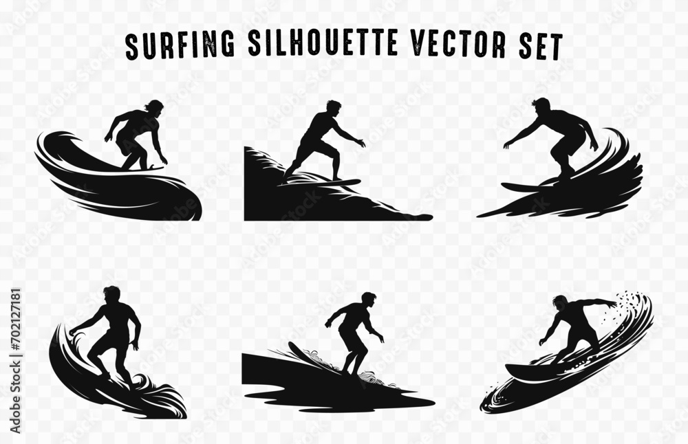 Surfer is Surfing Vector black Silhouette Set, Surfing with a surfboard on an ocean wave Silhouettes