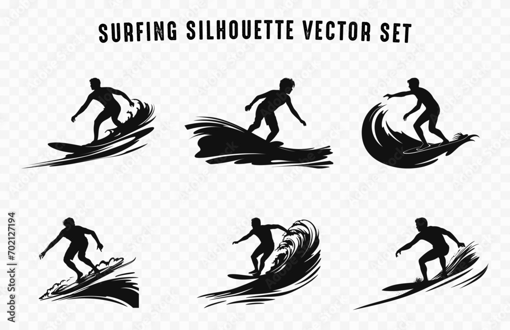 Set of Surfing Vector black Silhouette, Surfing with a surfboard on an ocean wave Silhouettes