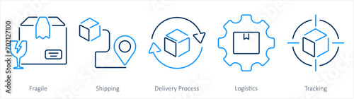 A set of 5 delivery icons as fragile, shipping, delivery process