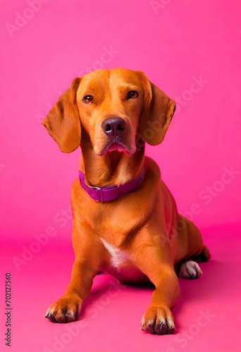 A dog sitting on a pink background