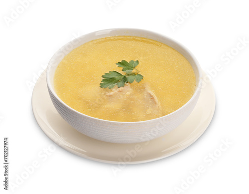 Delicious chicken soup with parsley isolated on white