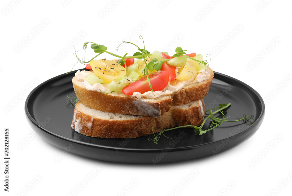 Tasty vegan sandwich with tomatoes, celery and microgreens isolated on white